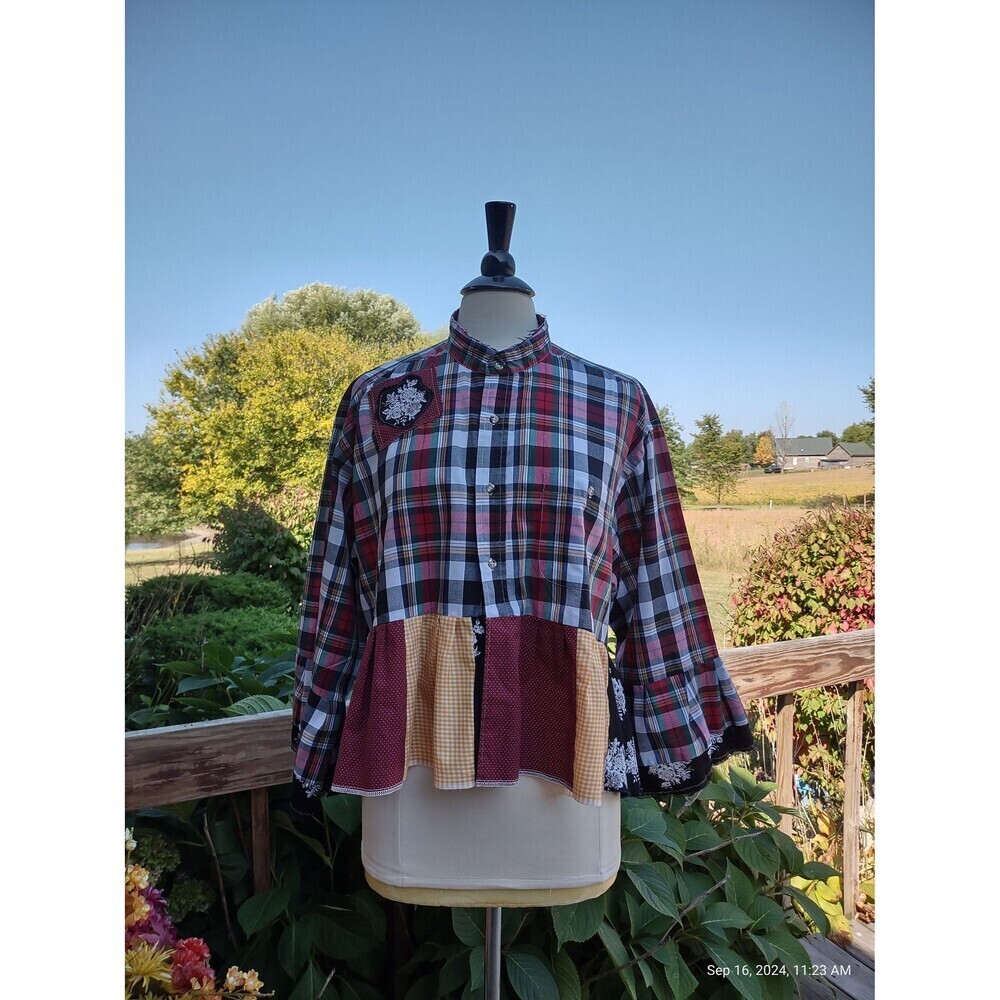 Custom Refashioned Plaid Blouse Cropped with Ruffle Patchwork wearable Art OOAK